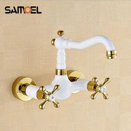 Bathroom Sink Faucets Grilled White Paint With Golden Plated And Cold Water Tap Copper Faucet Wall Mounte Dual Holder Mixer Taps W3012