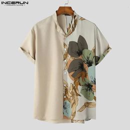 INCERUN Tops Korean Style Men Simple Two Colour Patchwork Blouse Casual Plant Pattern Printed Short Sleeved Shirts S5XL 240415