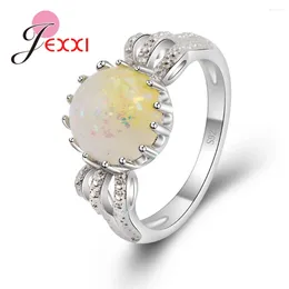 Cluster Rings 925 Sterling Silver Round Classic Sparkling Yellow Opal Stones Created Finger For Women Engagement Wedding Party