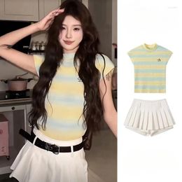 Work Dresses College Striped Knit Top Pleated Culotte Two-piece Set Women Round Neck Sequined Spicy Girl Korean Fashion Slim Summer Chic