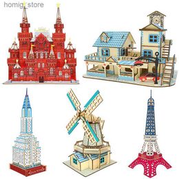 3D Puzzles Dutch Windmill World Great Architecture DIY 3D Wooden Puzzle Wood Red Square Model Chrysler Building Kits Toys For Children Kids Y240415