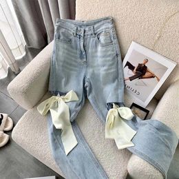 Women's Jeans Spring And Autumn Women Fashion Bow Split Flared Straight Leg Pants Female Causal High Waist Ripped For