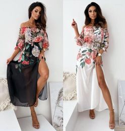 Casual Dresses Amazon Fashion Style Women's Wear Print Street Floral Boat Neck Slim-Fit Slit Hemline At Hem Long Dress