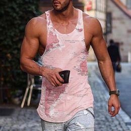 Summer Fitness Tank Top Bodybuilding Muscle Men Vest Workout Training Undershirt 3d Map Printed Sleeveless Shirt Pink 240415