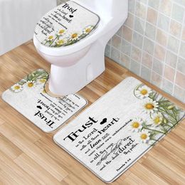 Bath Mats 3pcs/Set Inspirational Quotes Bathroom Mat White Daisy Flower Farmhouse Flannel Decor Bathtub Toilet Carpet Non-Slip Rug