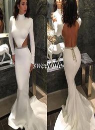 Mermaid Backless Prom Dresses Sexy Satin High Neck 2019 White Long Sleeves Evening Dress Arabic Gowns for Pageant Wear1855826