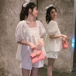 Shorts Summer Pregnant Woman Clothes Set Solid Color Puff Sleeve Square Collar Shirts+belly Shorts Twinset Maternity Fashion Loose Suit