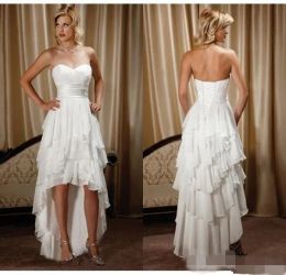 2024 Newest Beach Wedding Dresses Chiffon Tiered Sweetheart High Low Lace Applique Sash Pleats Ruched Wedding Bride Gowns