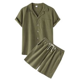 Men Outfit Set 2024 Mens Casual Loose Multi-color Beach Wear Corduroy Short Sleeve Suit Shirt Shorts Two-piece Set 240415