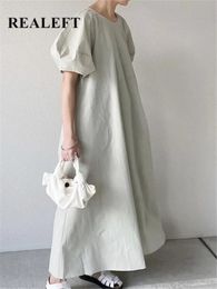REALEFT Summer White Korean Puff Sleeve Womens Long Dresses High Waist Casual Loose ONeck Fashion ALine Dress Female 240415