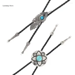 Bow Ties 2Pcs American Bolo Tie Necktie Vintage Metal Flower Stone Cowboy Pendant Western Necklace Costume Jewellery Shirt Chain