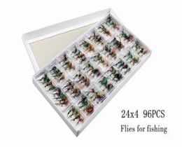 96PCS Flies for Fishing Mixed Fly Fishing bait Feather hook Bionic bait variety of Colours Fishing necessary High quality8973513