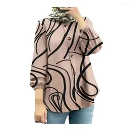 Women's Blouses Regular Fit Women Shirt Geometric Pattern Retro For With Puff Sleeves Button Closure Loose O-neck Top
