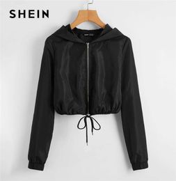 SHEIN Zip Up Drawstring Hem Wind Hooded Crop Jacket Women Autumn Long Sleeve Windbreaker Coat Solid Outwear Casual Jackets 2010155248491