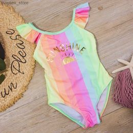 One-Pieces Letter Print Swimsuit One Piece Girl 2-8 Years Childrens Swimwear Kids Ruffle Girls Bathing Suit Colorful Summer Beachwear Y240412