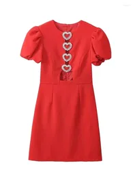 Casual Dresses XNWMNZ 2024 Women Fashion Red Sexy Hollow Out Metal Love Slim Mini Dress Puff Short Sleeve Party Female