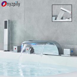 Bathroom Sink Faucets Onyzpily LED Waterfall Bathtub Shower Faucet Widespread Tub Three Handles Cold Water Mixer Bath Ta