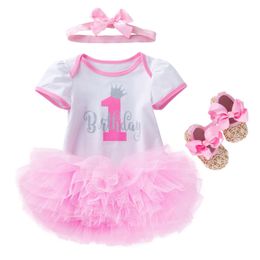 Summer Baby Girl Short Sleeved White Cotton Jumpsuit Pink TUTUTU Skirt Shoe Set Baby Party Photography Suit