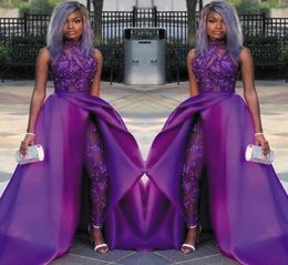 Sexy Purple Evening Dresses Blingbling Lace Beading Illusion Long Prom Gowns Satin Overskirts Black African Long Jumpsuits8449694