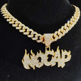 Pendant Necklaces Men Women Hip Hop Flame Letters Iced Out with 13mm Cuban Chain Hiphop Necklace Fashion Charm Jewelry 230613