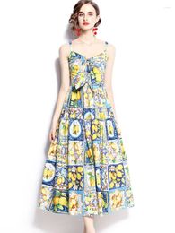 Casual Dresses Fashion Lemon Blue And White Porcelain Print Summer Runway Dress For Women Strapless Backless Slim Big Swing Beach