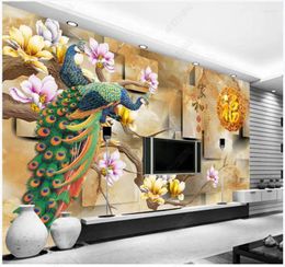 Wallpapers Custom Po Wallpaper For Walls 3 D Murals Modern Chinese Style Color Carving Flower Peacock 3d Marble Mural Wall Papers
