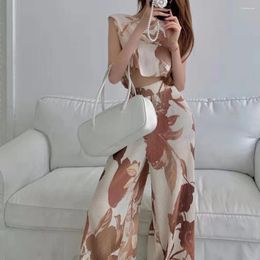 Women's Two Piece Pants Women Vest Sleeveless Pleated Printed Suit Summer Set Wide Leg Trousers For