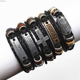 Other Bracelets WESTBULL Men Leather Bracelets Words Cross Charm Beaded Wrap Weave Wristband Bangle Homme Male Wholesale Vintage JewelryL240415