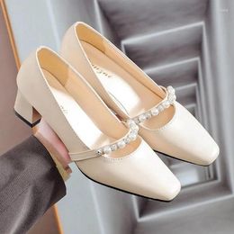 Dress Shoes High Quality Soft Comfort Women's Genuine Leather Beading Buckle Slip-on Pumps Square Toe Elegant Ladies Style