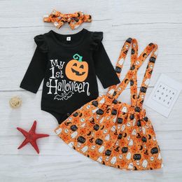 Clothing Sets Toddler Baby Kids Girls Halloween Print Set Romper Skirt Outfits Casual Clothes Checke Crop Tops