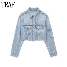 TRAF Cropped Denim Jacket Women Blue Jean Jackets for Long Sleeve Bomber Woman Streetwear Ripped Coats 240415