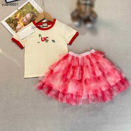 Popular baby tracksuits Summer girls Dress suit kids designer clothes Size 90-160 CM Logo printing T-shirt and Red lace cake skirt 24April