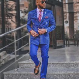 Men's Suits Latest Blue Stripe Jacket Pants Men 2 Pcs Costume Homme Groom Prom Wedding Blazer Terno Masculino Slim Fit Set