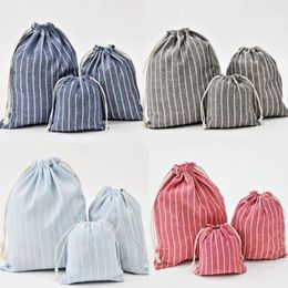 Storage Bags Linen Drawstring Bag Stripe Reusable Pouches For Wedding Gift Candy