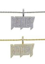 Chains Iced Out Bling 5A CZ Paved Gold Colour Letter Money Pendant Necklace With Long Rope Chain Hip Hop Dollar Men Boy Jewel9309682