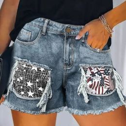 Women Ripped High Waisted Denim Shorts Vintage Hole US Flag Star Summer Casual Pocket Short Jeans Ladies Tassels Pants 240415