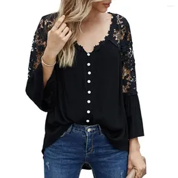 Women's Tanks Women Blouse Solid Colour Lace Pullover Flare Sleeve V Neck Top See Through Back Large Hem Shirt For Daily Wear