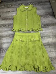 Skirts French Ruffle Edge Doll Neck Sleeveless Wave Knitted Tank Top Vest Half Skirt Olive Green Set