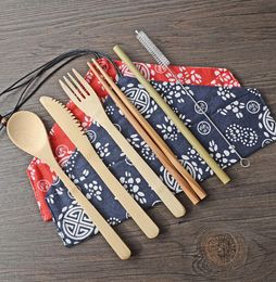 6 PcsSet Bamboo Flatware Portable Easy Carrying Dinnerware Set Bamboo Straw Cutlery Set With Bag And Brush Outdoor Camping BH23024400213