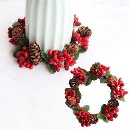 Decorative Flowers Christmas Candlestick Garland Artificial Berry Pinecone Candle Ring Holder Wreath For Xmas 2024 Year Party Table