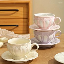 Mugs Light Luxury Retro Style Embossed Ceramic Coffee Cup And Plate Set Creative Afternoon Tea Mug Multi Colour Latte