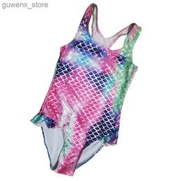 One-Pieces Girl Fish Scale Printed Leotard Bodysuit One Piece Swimsuit Childrens Colourful Swimwear Girls Bathing Suit Monokini Y240412
