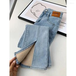 Women's Jeans Thicke Button Skinny Denim Pants Winter Plus Velvet Lined Split Flare High Waist Warm Korean Female Casual Long