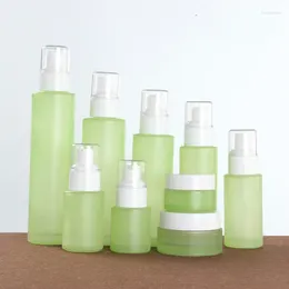 Storage Bottles 3pcs Wholesale 4 Oz Luxury Make Up Set Frosted Green Cosmetic Glass Bottle And Jar Pump For Lotion Serum Cream