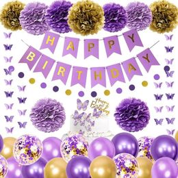 Party Decoration Purple Butterfly Hanging Garland Happy Birthday Circle Dots Banner Balloons Paper Flowers Cake Toppers For Decor