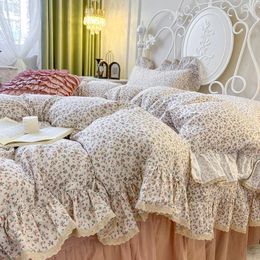 Bedding Sets Pure Cotton Double Layer Yarn Lace Ruffles French Vintage Floral Set Duvet Cover Bed Skirt Bedspread Pillowcases