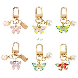 Keychains Lanyards Exquisite Pearl Butterfly Keychain Alloy Enamel Headphone Case Pendant Keyring For Women Bag Car Ornaments Party Jewelry Gift