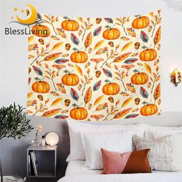 Tapestries BlessLiving Pumpkins Tapestry Golden Leaves Wall Hanging Fall Autumn Bedroom Decor Mushrooms Tapisserie Watercolor Carpet