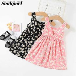 Girl's Dresses New Baby Girls Sleeveless Flower Print Dresses Clothes Bowknot Kid Summer Princess Dress Children Party Ball Pageant Outfit T240415