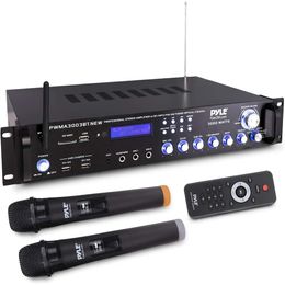 Pyle Bluetooth Home Audio Power Amplifier 3000W Stereo Receiver with Speaker Selector, FM Radio, USB, Headphone Jack, 2 Wireless Mics for Karaoke